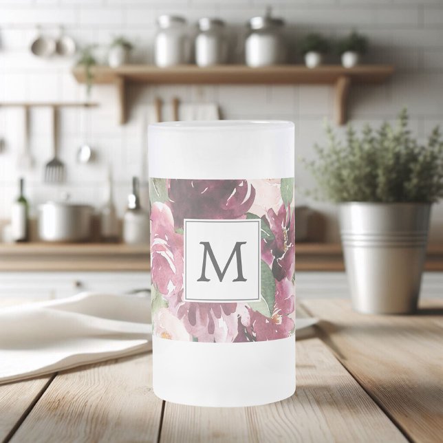 Caneca De Cerveja Vidro Jateado Flores Modernas de Aquarela Monograma (Criador carregado)