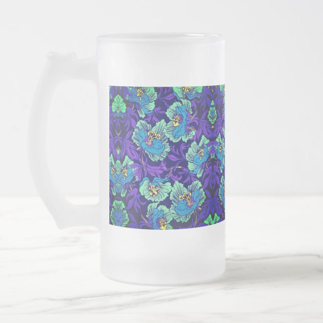 Caneca De Cerveja Vidro Jateado Flores roxas e azuis William Morris (Esquerda)