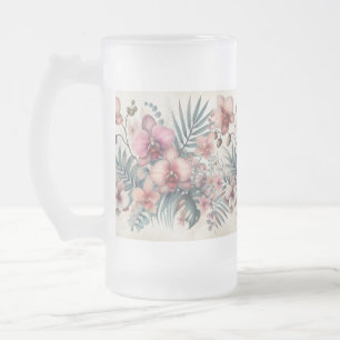 Caneca De Cerveja Vidro Jateado Flores tropicais e folhas de aquarela