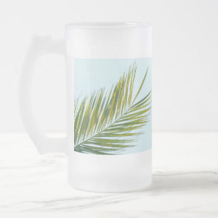 Caneca De Cerveja Vidro Jateado Folha de Palmeira Verde Tropical em Azul Claro