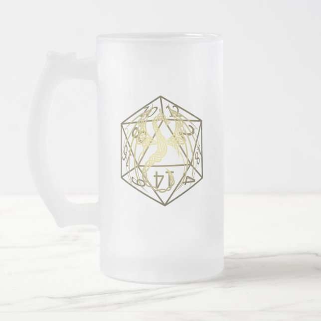 Caneca De Cerveja Vidro Jateado Fosco D20 Celtic Dragon DND (Esquerda)