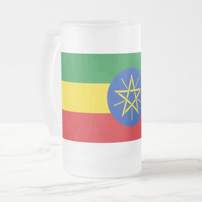 Caneca De Cerveja Vidro Jateado Fosco Glass Mug com bandeira da Etiópia (Frente Esquerda)