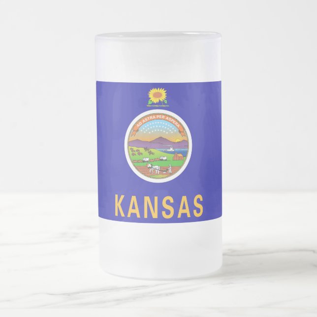 Caneca De Cerveja Vidro Jateado Fosco Glass Mug com bandeira de Kansas, EUA (Centro)