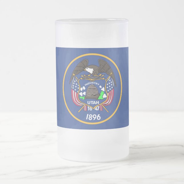 Caneca De Cerveja Vidro Jateado Fosco Glass Mug com bandeira de Utah, EUA (Centro)