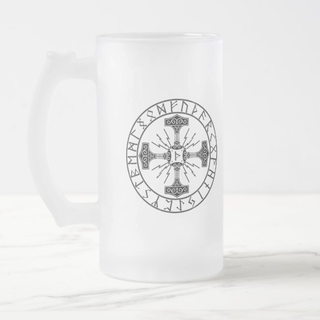 Caneca De Cerveja Vidro Jateado Fosco Glass Mug, Valhalla Oliver | Mjollnir (Esquerda)