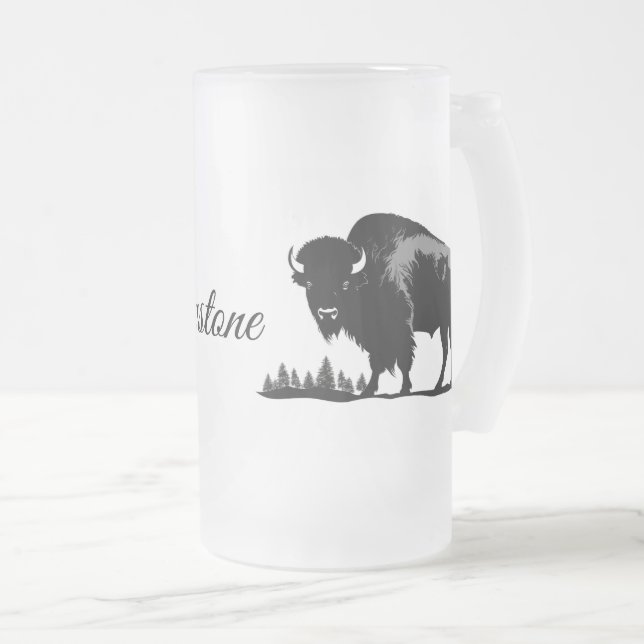 Caneca De Cerveja Vidro Jateado Fosco Glass Mug-Yellowstone Buffalo (Frente Esquerda)