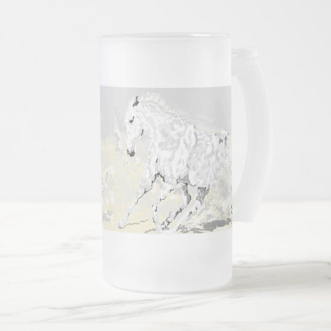 Caneca De Cerveja Vidro Jateado Fosco Glass White Stallion in Motion (Frente Esquerda)