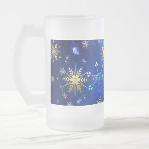 Caneca De Cerveja Vidro Jateado Fundo Azul XMAS com Flocos de Neve Ouro