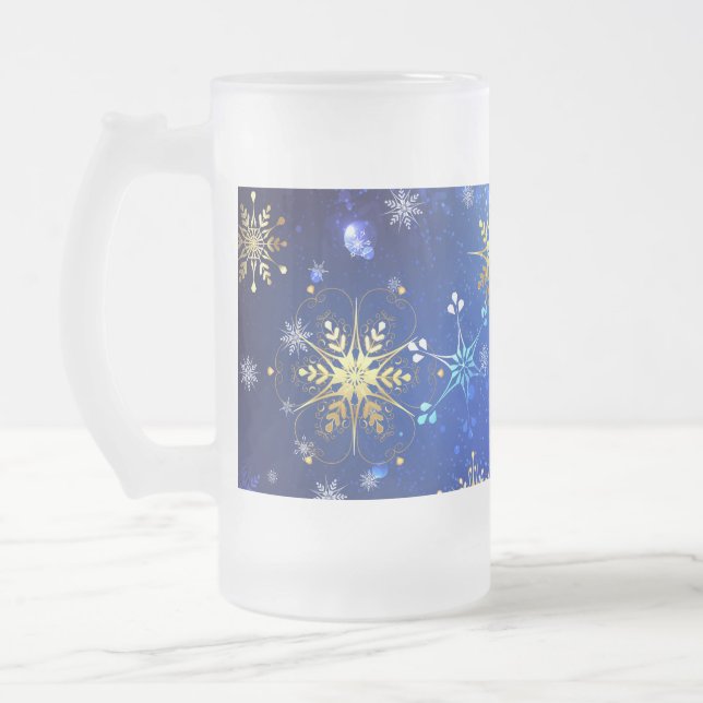 Caneca De Cerveja Vidro Jateado Fundo Azul XMAS com Flocos de Neve Ouro (Esquerda)