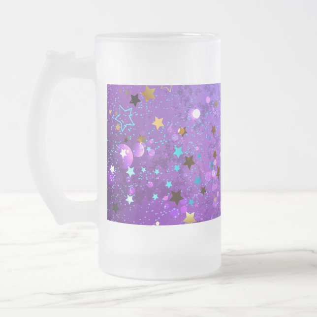 Caneca De Cerveja Vidro Jateado Fundo de folhas roxas com estrelas (Esquerda)