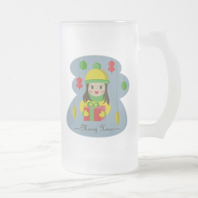 Caneca De Cerveja Vidro Jateado Garota com caixa de presentes de Natal (Direita)