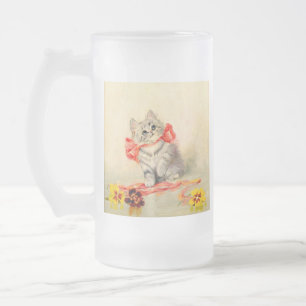 Caneca De Cerveja Vidro Jateado Gatinho com Fita Vermelha