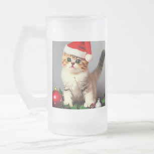 Caneca De Cerveja Vidro Jateado Gatinho de Natal Antigo com Chapéu de Papai Noel
