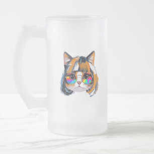 Caneca De Cerveja Vidro Jateado Gato com Peruca + Óculos de Sol (Pintura #2)