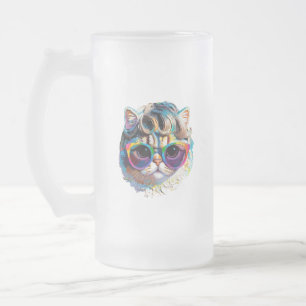 Caneca De Cerveja Vidro Jateado Gato com Peruca + Óculos de Sol (Pintura #4)