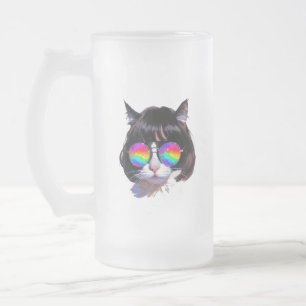 Caneca De Cerveja Vidro Jateado Gato de Peruca + Óculos de Sol (Pintura #1)