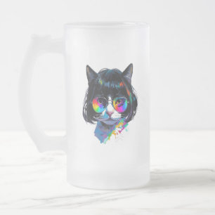 Caneca De Cerveja Vidro Jateado Gato de Peruca + Óculos de Sol (Pintura #6)