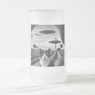 Caneca De Cerveja Vidro Jateado Gato e OVNI