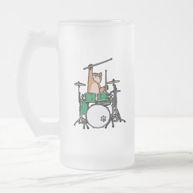 Caneca De Cerveja Vidro Jateado Gato Engraçado Jogando Tambores, Baterista De Gato (Esquerda)