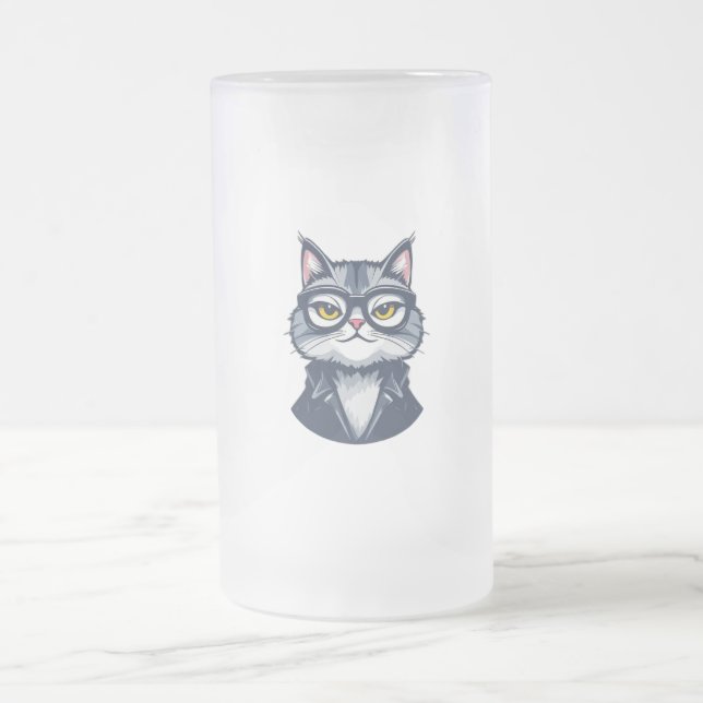 Caneca De Cerveja Vidro Jateado Gato inteligente com Fosco de vidro (Centro)