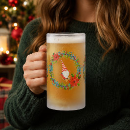 Caneca De Cerveja Vidro Jateado Gnomos Nórdicos e Esquiador Dentro de Coroas de Na