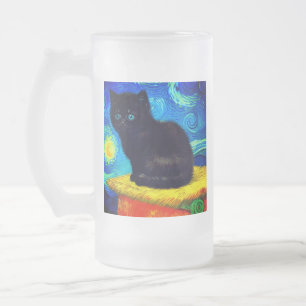 Caneca De Cerveja Vidro Jateado Gogh Style Starry Night Cat