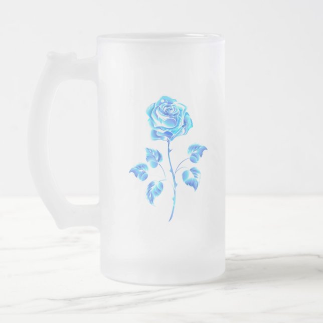 Caneca De Cerveja Vidro Jateado Gravação de Rosa Azul (Esquerda)