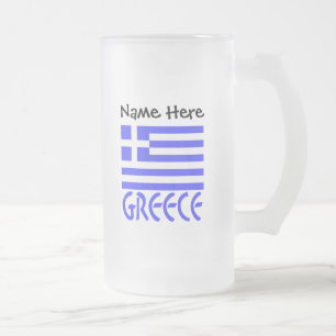 Caneca De Cerveja Vidro Jateado Grécia e Bandeira Grega com o Seu Nome