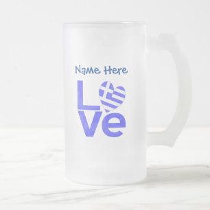 Caneca De Cerveja Vidro Jateado Grego LOVE Azul Personalizado