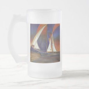 Caneca De Cerveja Vidro Jateado Gulet Artístico Sob Vela Em Laranja E Roxo