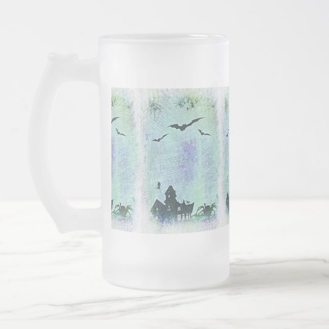 Caneca De Cerveja Vidro Jateado Halloween House | Aranhas + Bats! (Esquerda)