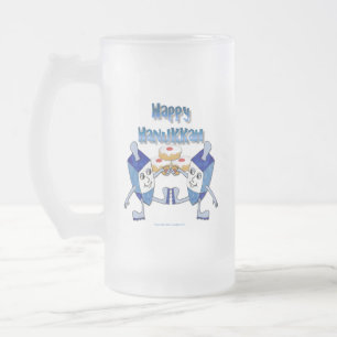 Caneca De Cerveja Vidro Jateado Hanukkah Dancing Dreidels e Jelly Doughnut