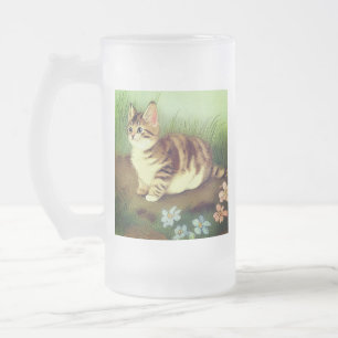 Caneca De Cerveja Vidro Jateado Ilustração Vintage Kitten com Flores