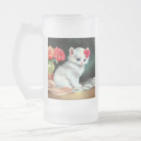 Ilustração Vintage White Kitten com Flores Vermelh