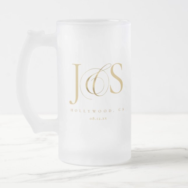 Caneca De Cerveja Vidro Jateado Iniciais de casamento simplesmente elegantes ID102 (Esquerda)
