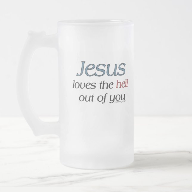 Caneca De Cerveja Vidro Jateado Jesus ama o inferno fora de você agride (Esquerda)