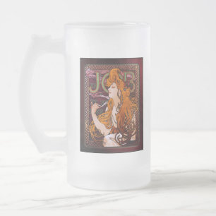 Caneca De Cerveja Vidro Jateado JOB de Alphonse Mucha Arte Antigo Art Nouveau