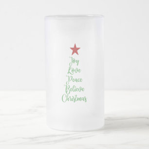 Caneca De Cerveja Vidro Jateado Joy Love Peace Acredite na árvore de Natal com ver