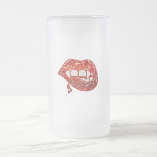 Caneca De Cerveja Vidro Jateado Lábios de vampiro com brilho de faux com derramame