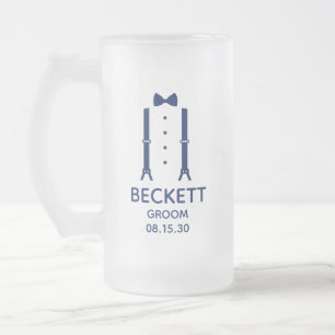 Caneca De Cerveja Vidro Jateado Laço Azul do Noivo
