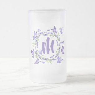 Caneca De Cerveja Vidro Jateado Lavanda e borboletas com monograma