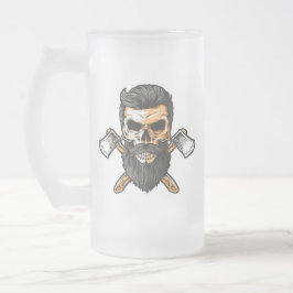 Caneca De Cerveja Vidro Jateado Lenhador Barbudo Caveira Machados Cruzados