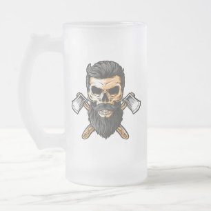 Caneca De Cerveja Vidro Jateado Lenhador Barbudo Caveira Machados Cruzados