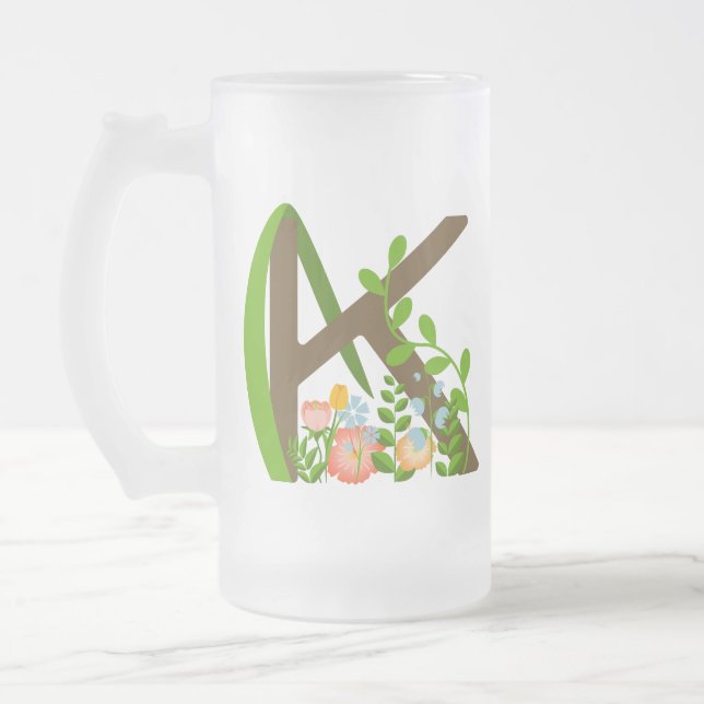 Caneca De Cerveja Vidro Jateado Letra maiúscula K monograma floral (Esquerda)