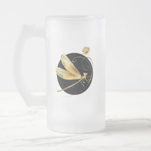 Caneca De Cerveja Vidro Jateado libélula ouro em círculo preto