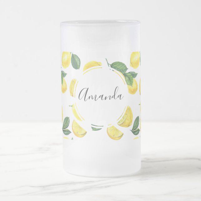 Caneca De Cerveja Vidro Jateado Limões Amarelos Padrão de Fruta de Aquarela (Centro)