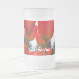 Caneca De Cerveja Vidro Jateado Lindas Flores de Tulipa Vermelha.
