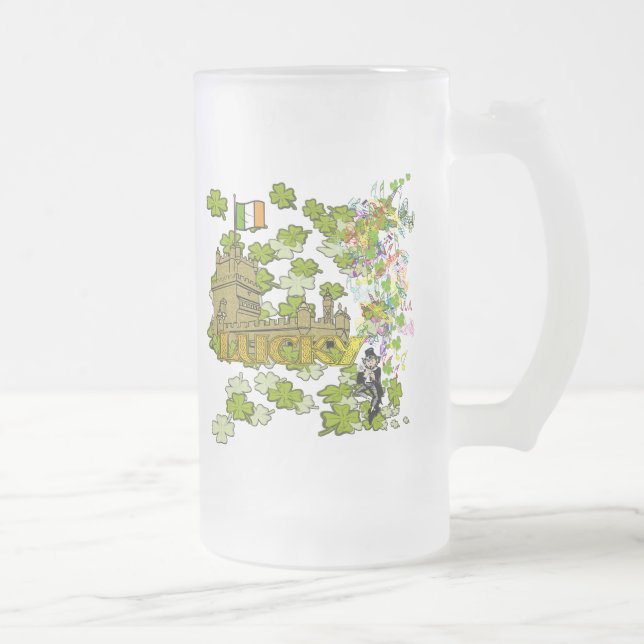 Caneca De Cerveja Vidro Jateado Lucky Leprechaun e seu Castelo Irlandês (Direita)