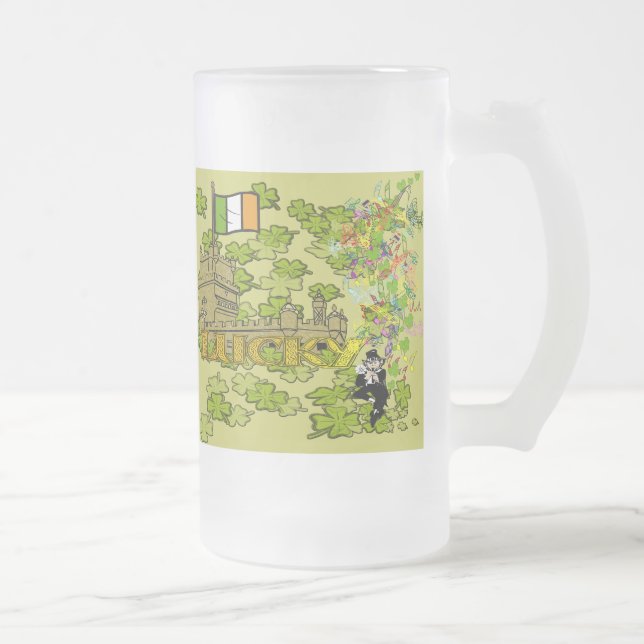 Caneca De Cerveja Vidro Jateado Lucky Leprechaun e seu Castelo Irlandês (Direita)