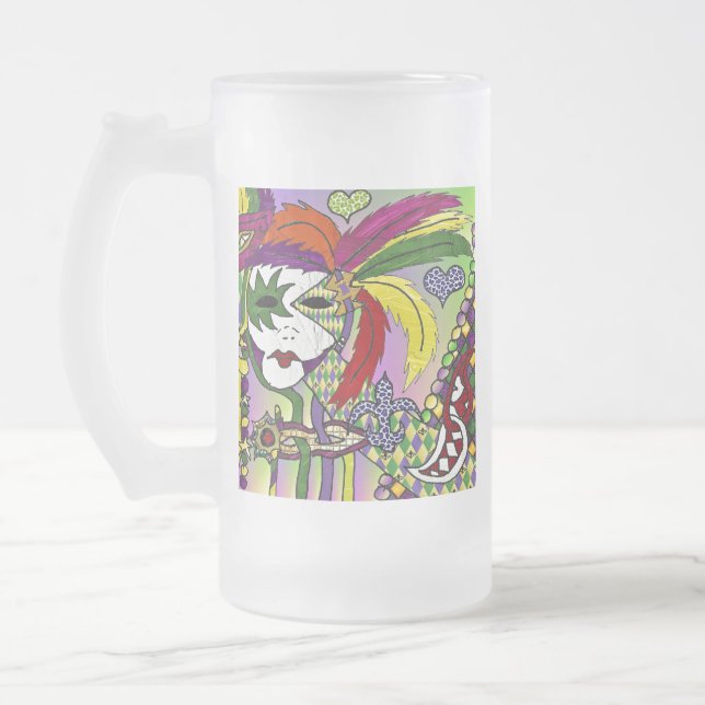 Caneca De Cerveja Vidro Jateado Máscara de pena de Mardi Gras Psicodélica (Esquerda)